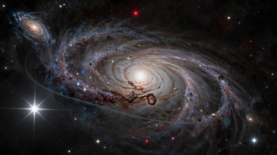Un campo profundo con cientos de galaxias, una estrella brillante con seis puntas y arcos de lente gravitacional alrededor de un cúmulo.