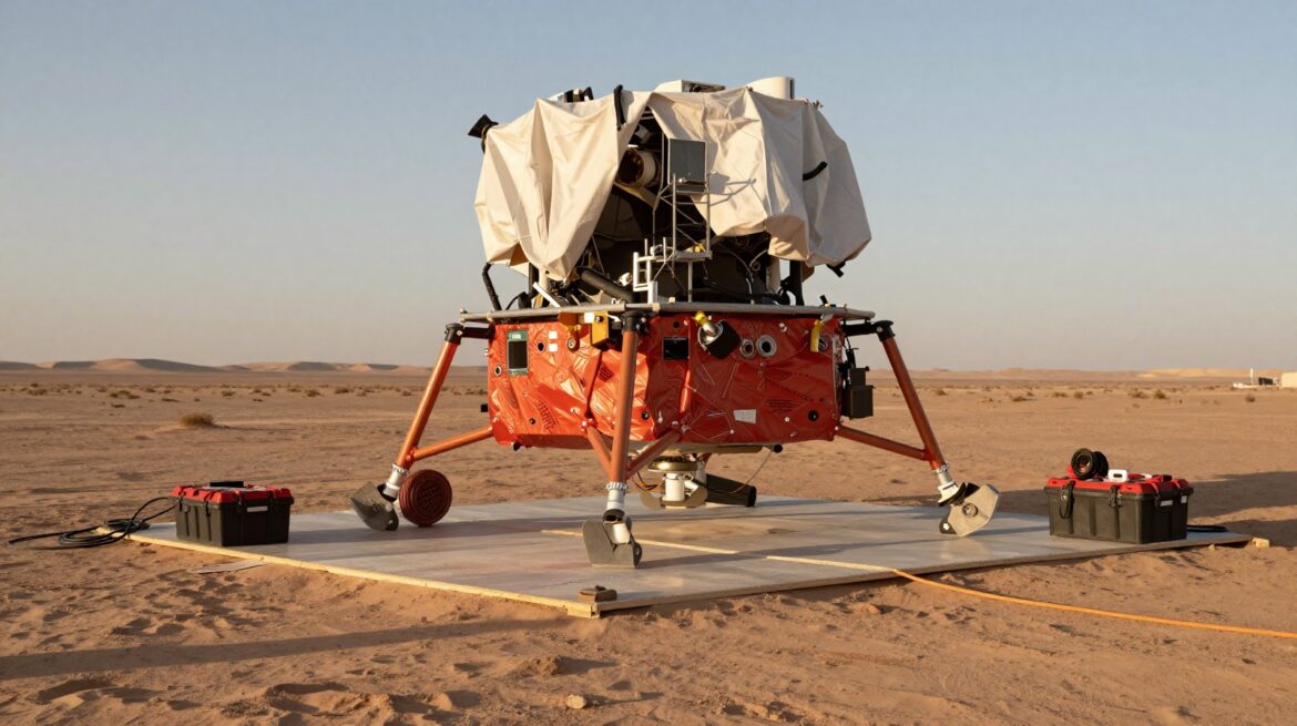 Un prototipo de módulo lunar, parcialmente tapado con lonas, en una plataforma de pruebas en el desierto rodeado de andamios y herramientas.
