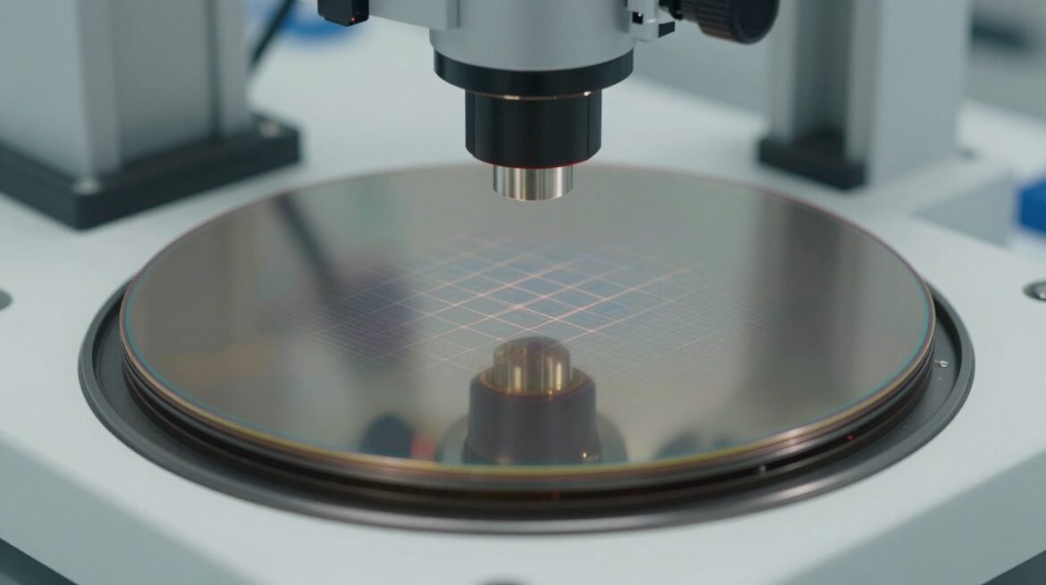 Una oblea de silicio pulida descansa bajo un cabezal óptico de medición mientras una tenue cuadrícula de luz se proyecta sobre ella.