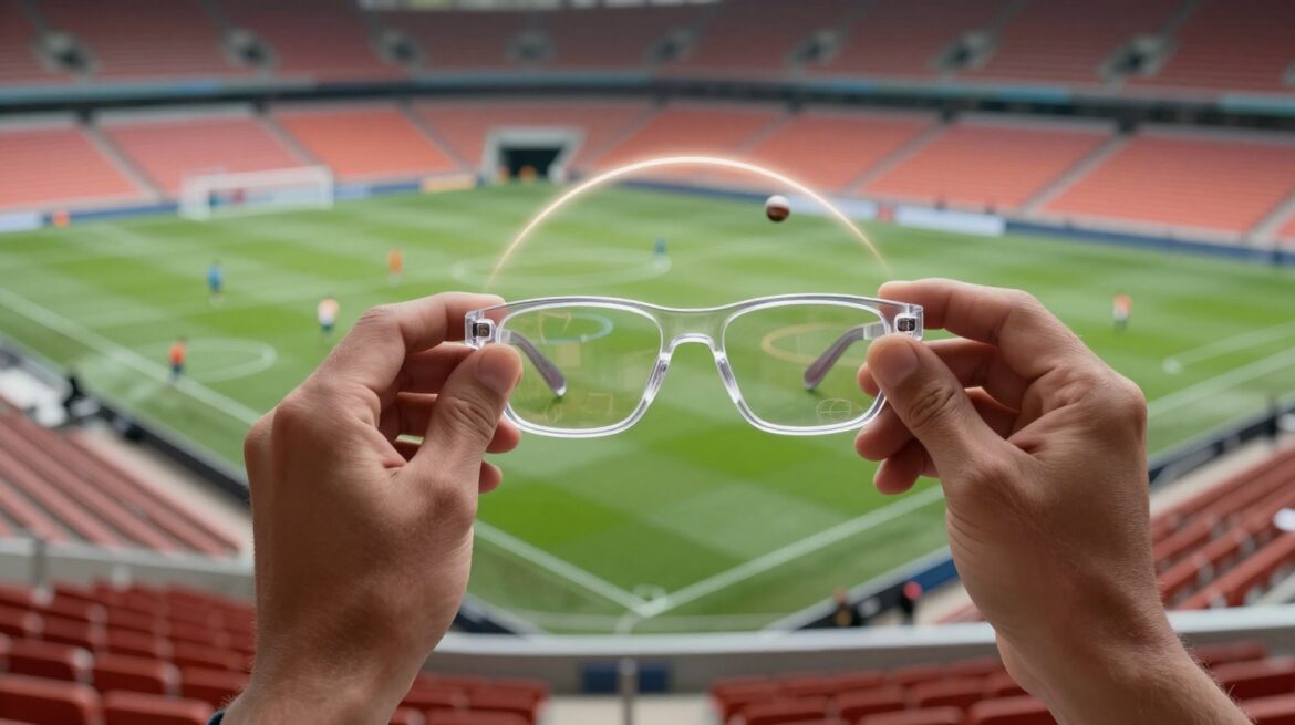 Unas manos sostienen gafas de realidad aumentada frente a un campo de fútbol y a través de las lentes se ve un arco luminoso que sigue al balón.