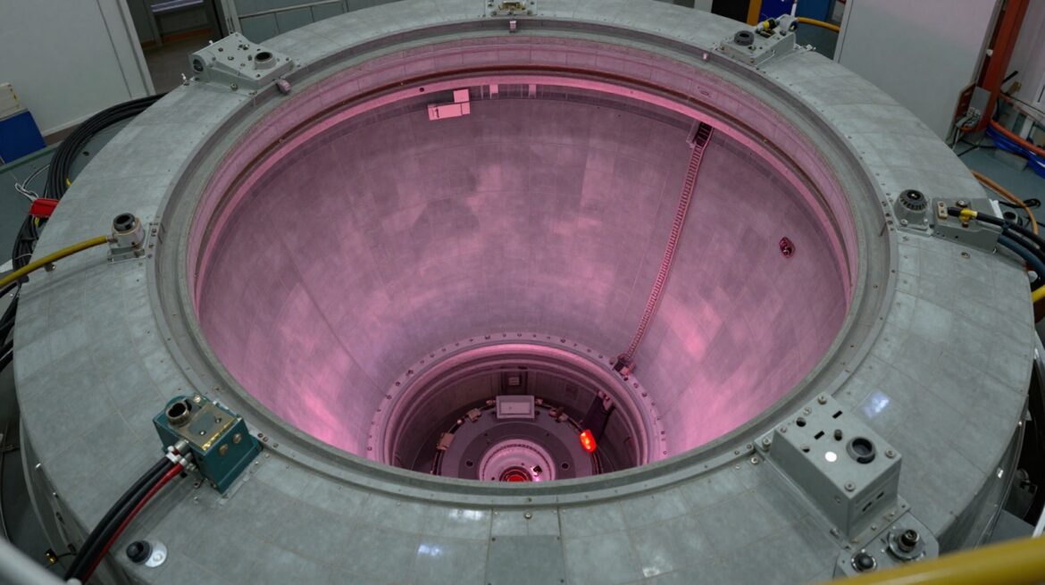 El interior de un reactor de fusión en forma de anillo, revestido de placas grises, con un tenue anillo de plasma rosado brillando.