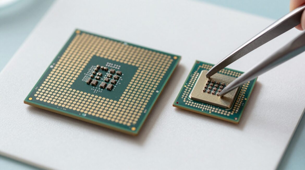 Two bare processor chips side by side on a lab mat, one large and square, the other small, held by fine tweezers.