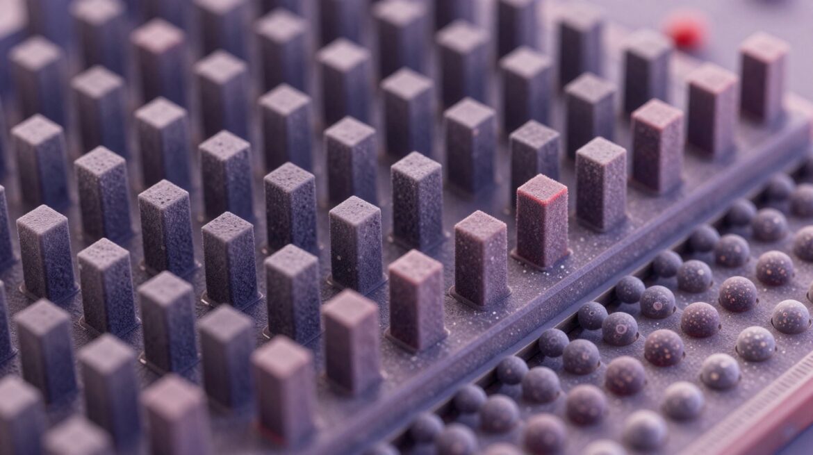 Estructuras microscópicas de transistores en un chip, como pequeñas manzanas de una ciudad, que se convierten en una red de átomos de silicio.