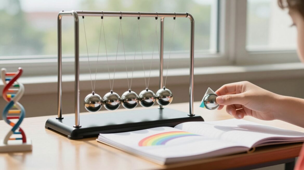 Unas manos sueltan la bola de un péndulo de Newton en un escritorio junto a un prisma que proyecta un arcoíris y un pequeño modelo de ADN.