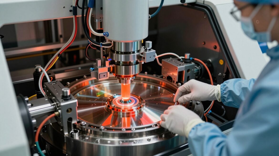 Gloved hands adjust a part inside a lithography machine full of polished mirrors, vacuum chambers and cables.