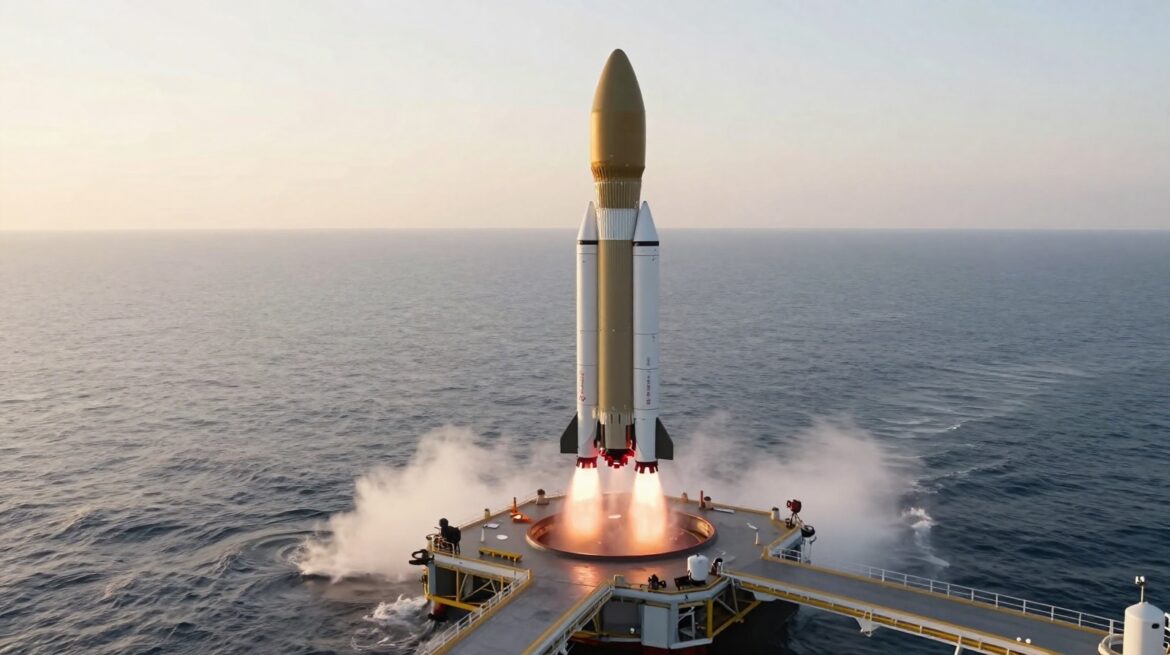 Un cohete reutilizable aterriza en vertical sobre una plataforma flotante en el mar al amanecer, envuelto en gases y espuma.