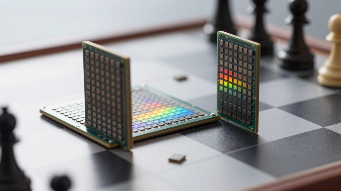 Two silicon wafers stand on a chessboard facing each other like rivals, with loose chips placed like pawns.