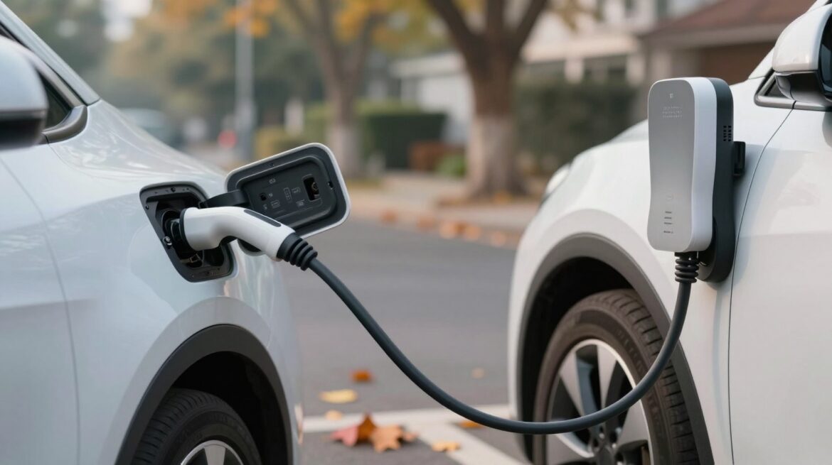 Un cable de carga conectado a un coche eléctrico aparcado en una calle con árboles, enchufado a un cargador de pared.