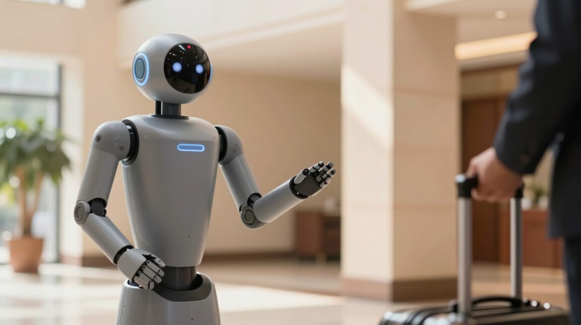 A white humanoid robot with a rounded head greets a guest from behind a hotel reception desk.