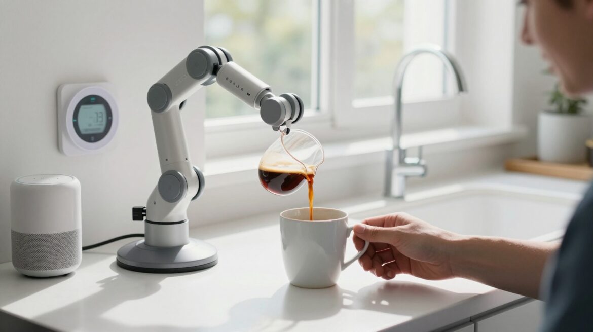 Un pequeño brazo robótico sirve café en una taza en una cocina soleada mientras una mano se acerca a cogerla.