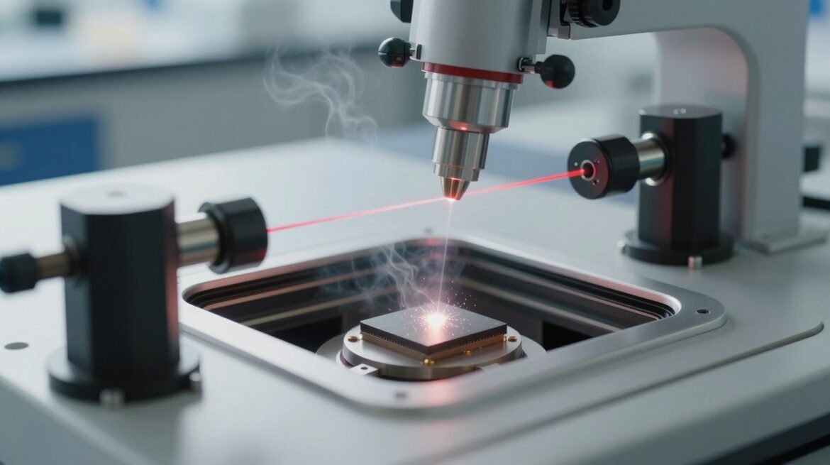 A thin laser beam crosses an optical table through mirrors and lenses and hits a small semiconductor crystal.