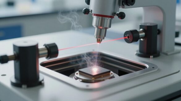 Un fino haz láser cruza una mesa óptica entre espejos y lentes y acaba en un pequeño cristal semiconductor.