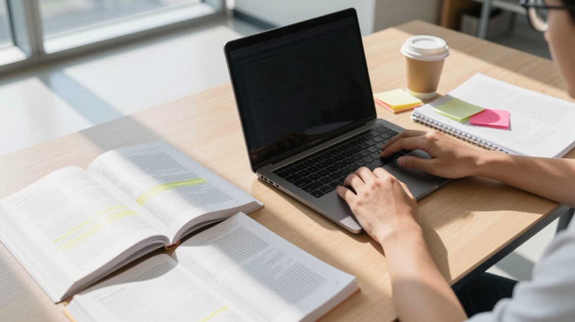 Vista cenital de las manos de un estudiante en el teclado de un portátil, entre libros abiertos, apuntes y un café en una biblioteca.