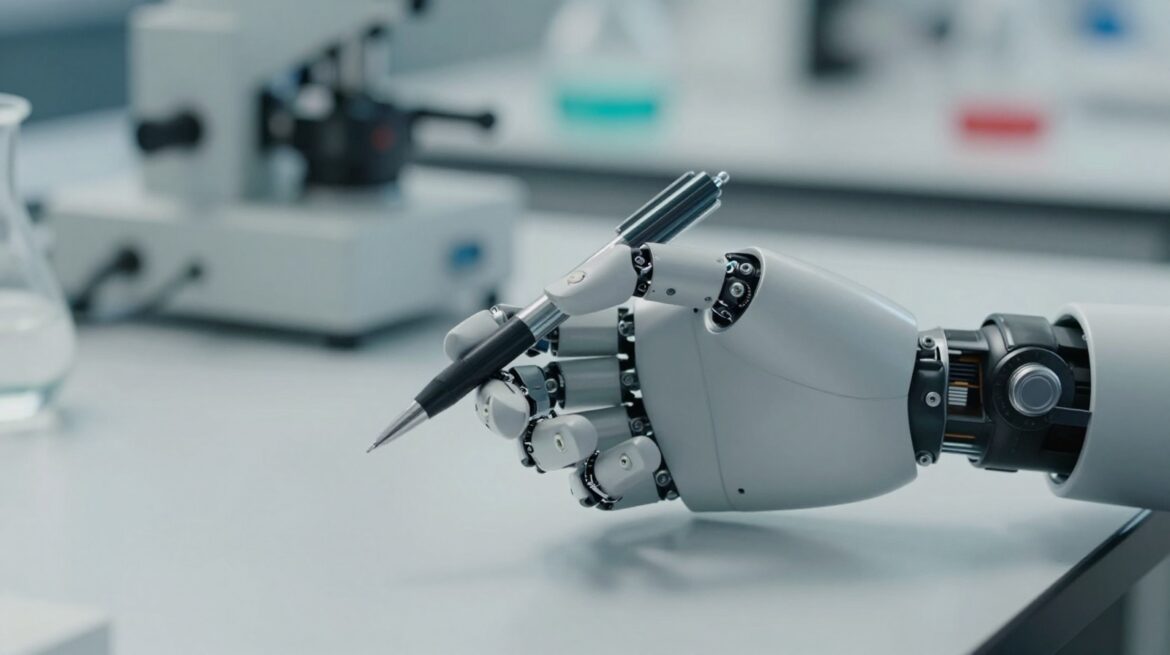 A robotic hand spins a pen between its fingers, the pen frozen mid-rotation, on a lab workbench.