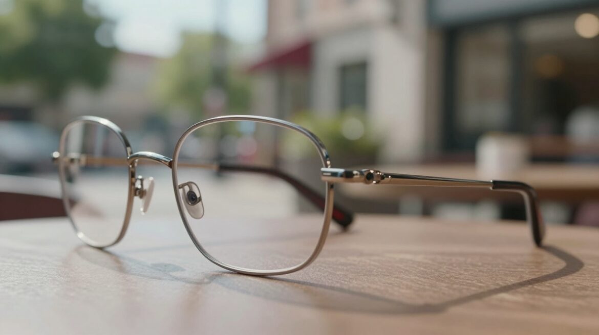 A close-up of the corner of thin smart glasses on a café table, showing a tiny built-in camera lens.