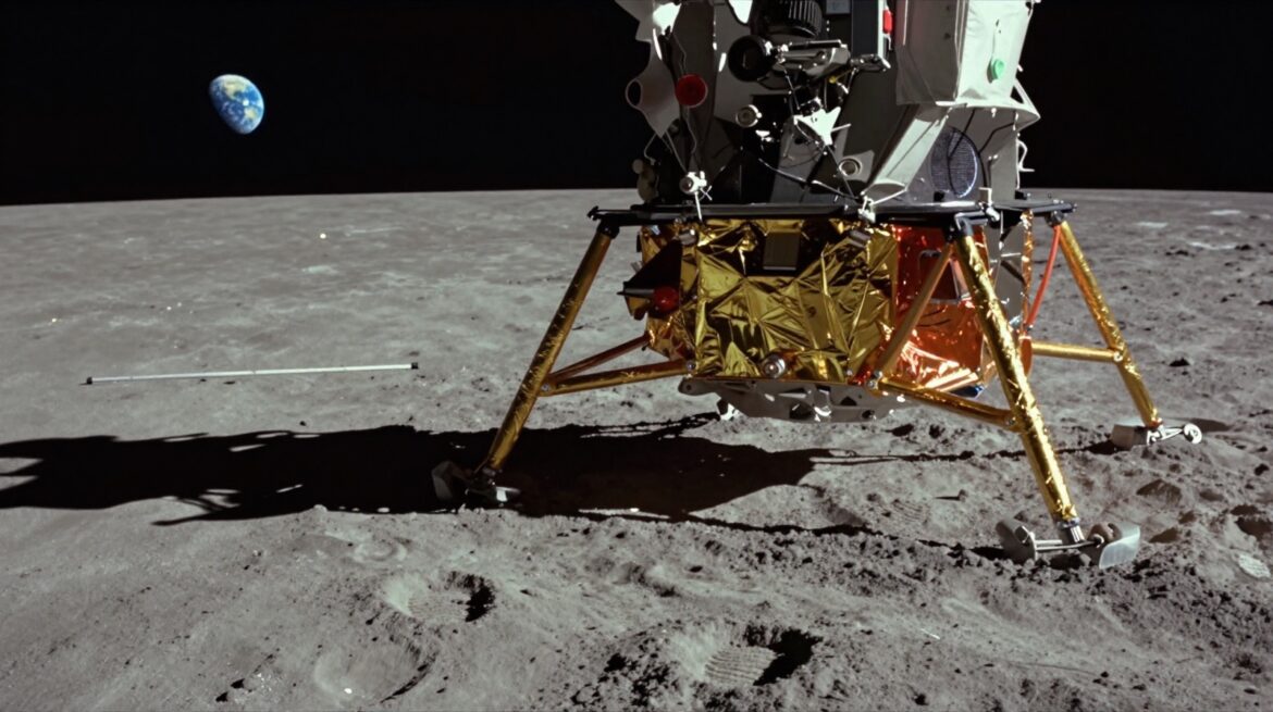A bootprint in grey lunar dust in the foreground, with a lunar module descent stage and a small Earth in the distance.