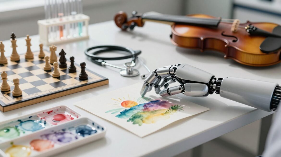 A robotic hand reaches across a workbench holding a chessboard, a painting, a stethoscope, test tubes and a violin.