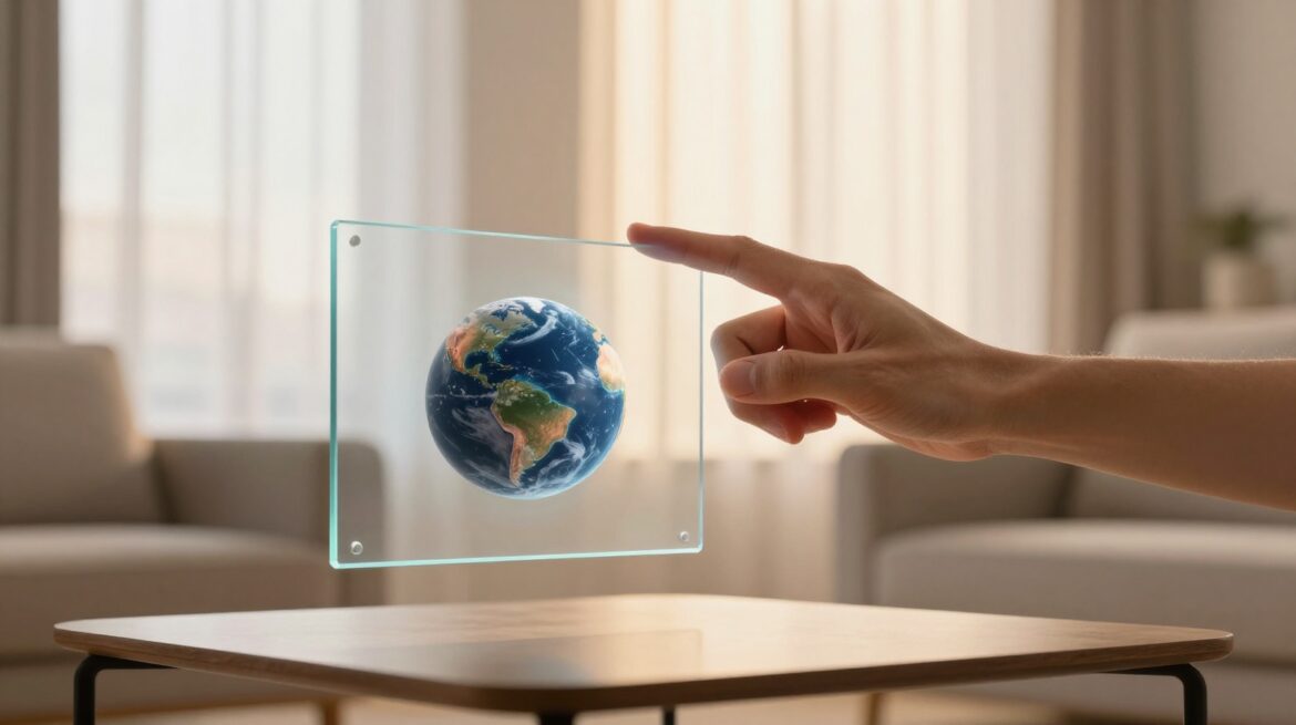 Una mano hace un gesto de pinza en el aire y unos paneles translúcidos flotantes y un pequeño planeta en 3D reaccionan sobre la mesa.