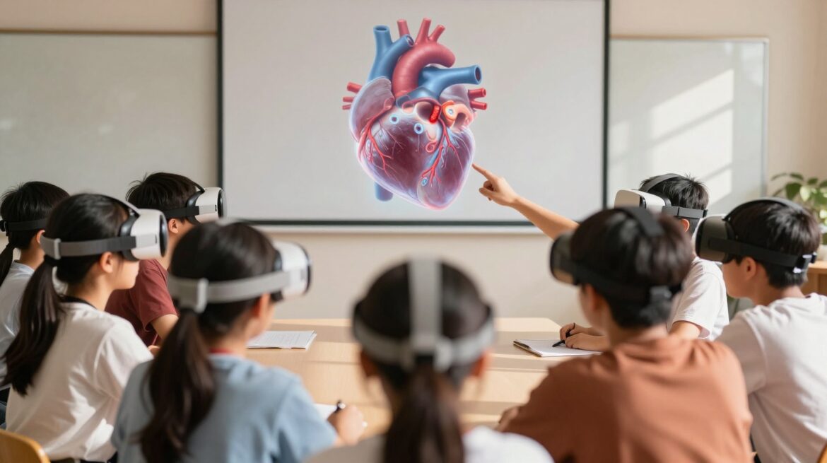 Students seen from behind wear VR headsets around a table where a translucent hologram of a human heart floats.