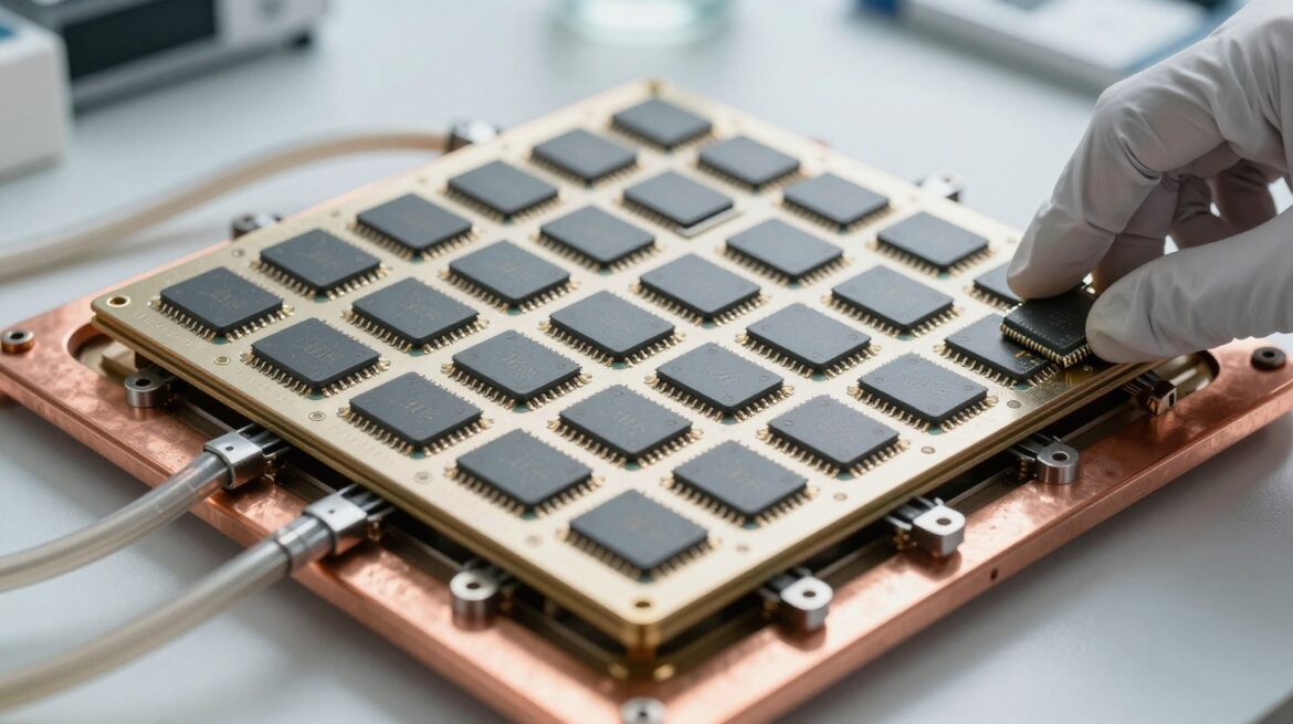Gloved hands lift a large square tile packed with a grid of chips and fitted with a copper cooling plate and hoses.