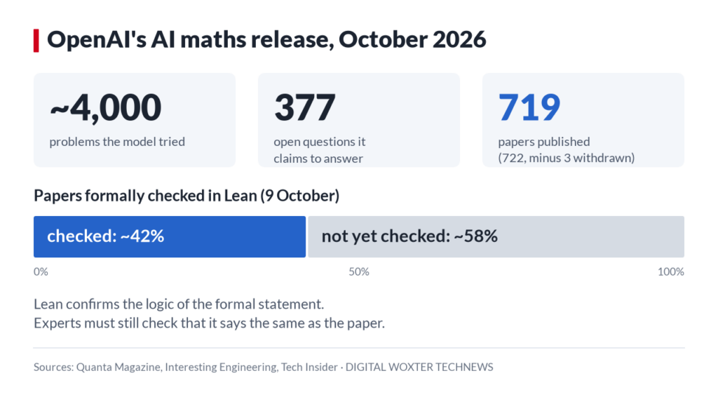 Chart: OpenAI's model tried about 4,000 problems, claims answers to 377 open questions in 719 papers; about 42% were checked in Lean by 9 October.