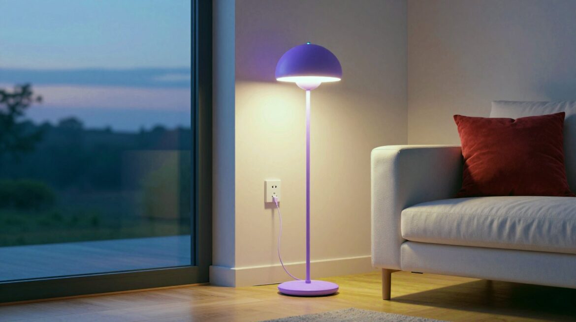 Un salón moderno y luminoso al atardecer iluminado con lámparas en lila suave y blanco cálido, con un pequeño enchufe inteligente.