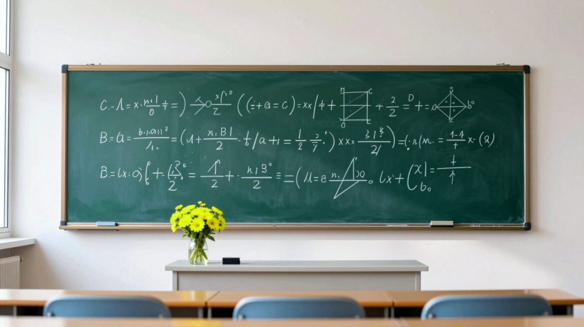 A green chalkboard in a university lecture hall covered in handwritten chalk equations.