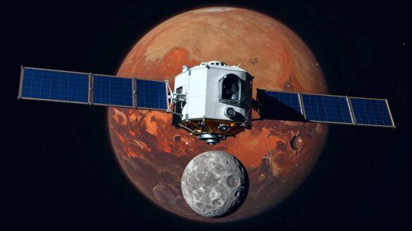 Artist's impression of a spacecraft with solar panels approaching a small, lumpy grey moon, with the red planet Mars behind it.