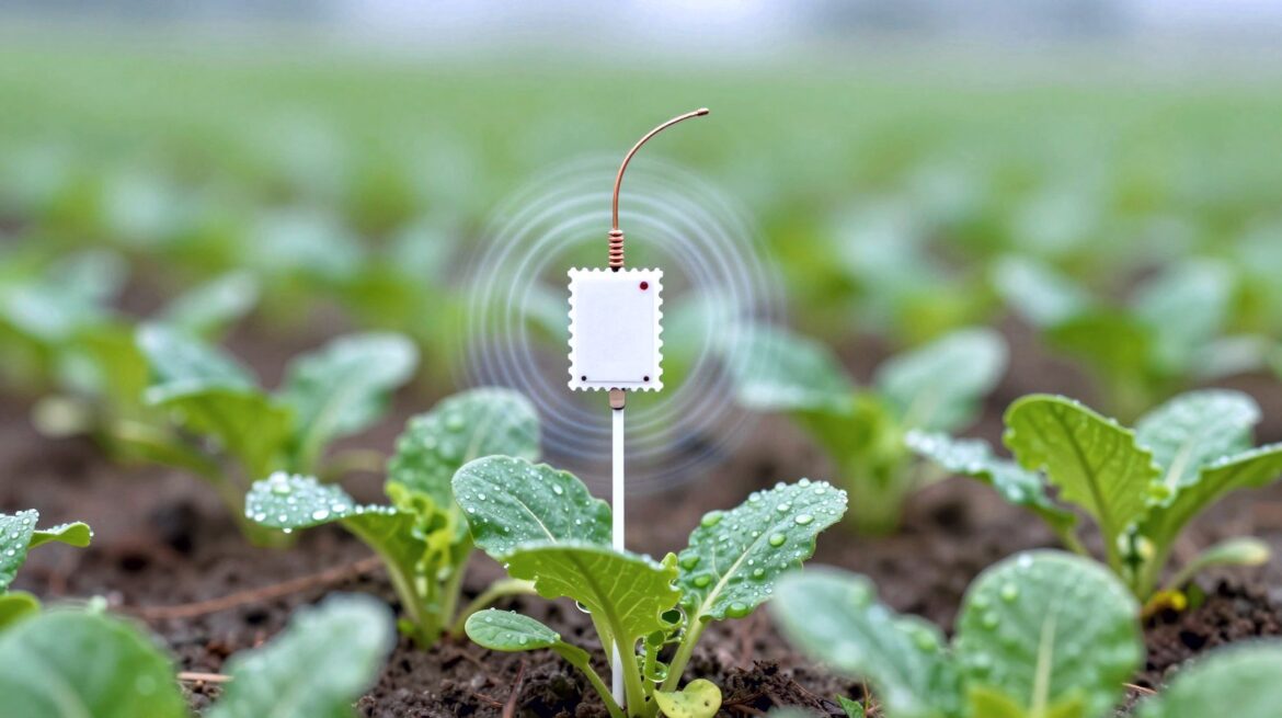 Una etiqueta sensora blanca del tamaño de un sello, con antena de cobre, clavada en un campo de cultivo verde, con ondas tenues en el aire.