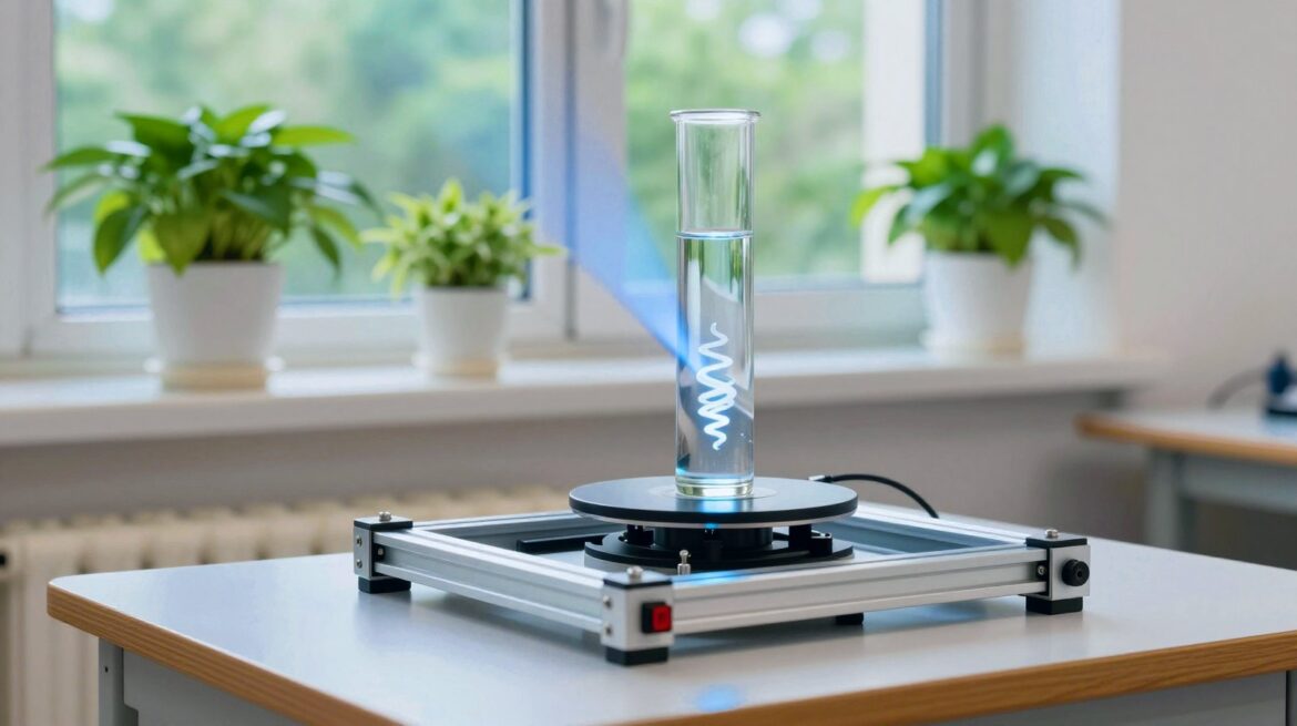 A clear vial of liquid resin on a small rotating stage, lit sideways by a projector beam, with a white gear forming inside, in a bright makerspace with green plants.