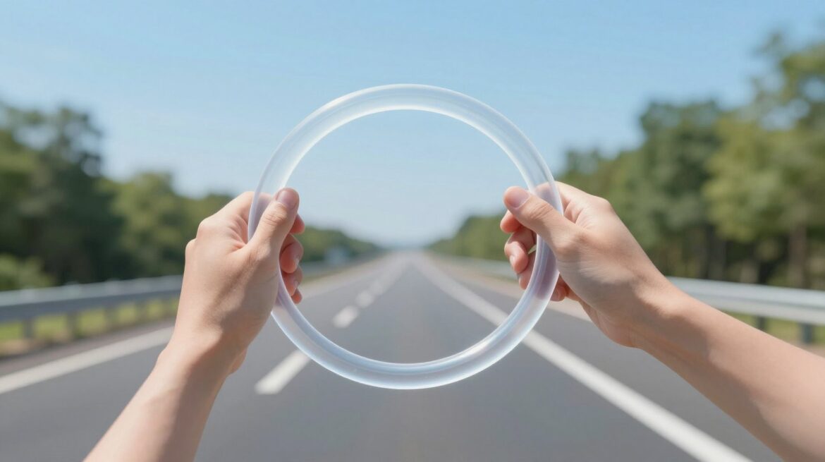Two hands hold a clear ring shaped like a steering wheel in front of a sunny motorway.