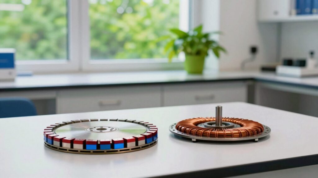 The parts of a thin disc-shaped electric motor on a white lab bench: a rotor disc ringed with red and silver-blue magnets and a stator disc ringed with copper coils, with green trees outside the window.