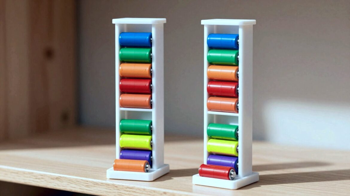 A white 3D-printed twin-tower dispenser on a wooden shelf, with colourful cylindrical batteries stacked inside and one waiting in the tray at the bottom.