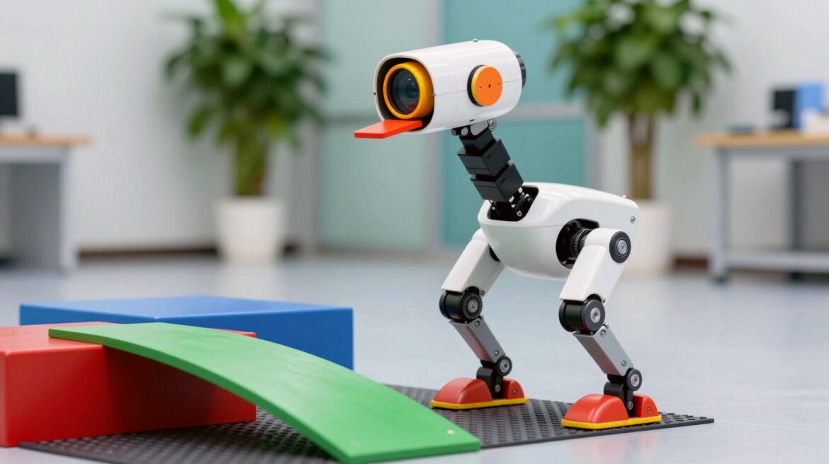 A small white two-legged robot with a tube-shaped camera head, an orange lens, a red jaw plate and a neck of black motor blocks steps onto a black studded mat beside green, red and blue obstacles in a bright lab.
