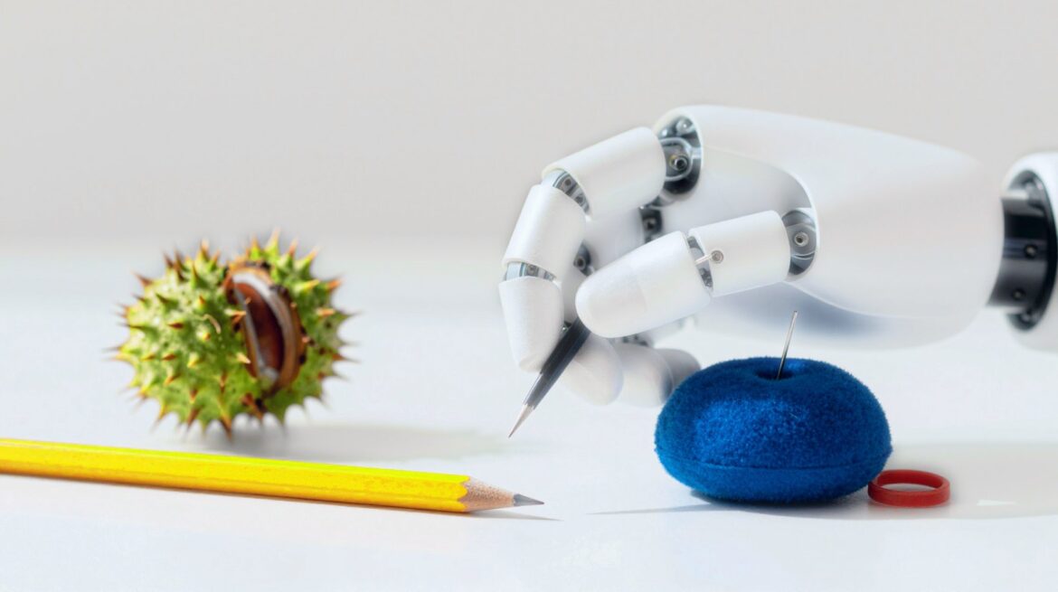 A white robot hand with soft sensor skin on its fingertips holds a thin pencil lead, next to a yellow pencil, a green spiky chestnut husk and a blue pincushion with a needle.