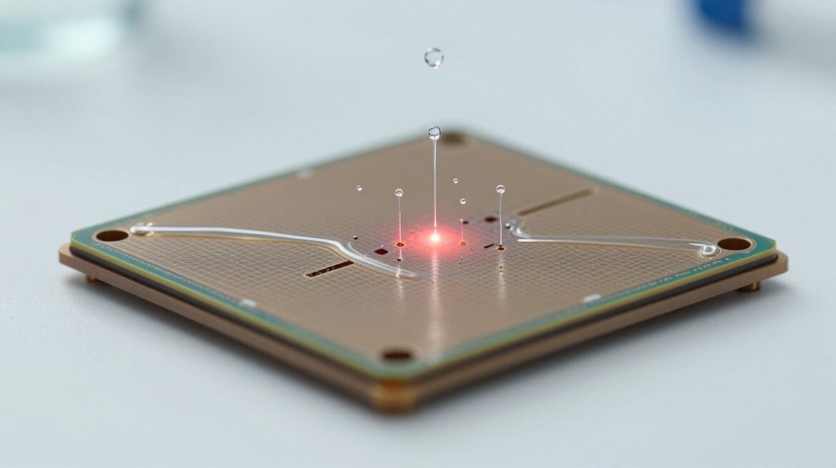 Corte en primer plano de un chip de silicio con canales diminutos: el líquido entra por los lados y las burbujas de vapor salen por arriba.