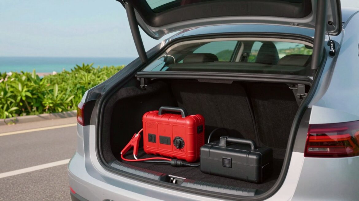 The open boot of a car on a sunny coastal road, holding a red portable jump starter with its clamps and a compact cordless tyre inflator.