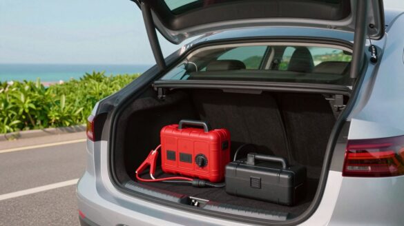 The open boot of a car on a sunny coastal road, holding a red portable jump starter with its clamps and a compact cordless tyre inflator.