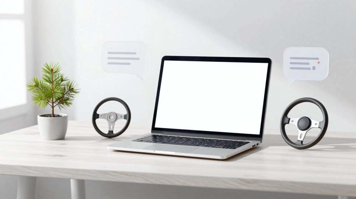 An open laptop, a floating chat bubble with charts, a small steering wheel and a pine sapling on a dark desk.