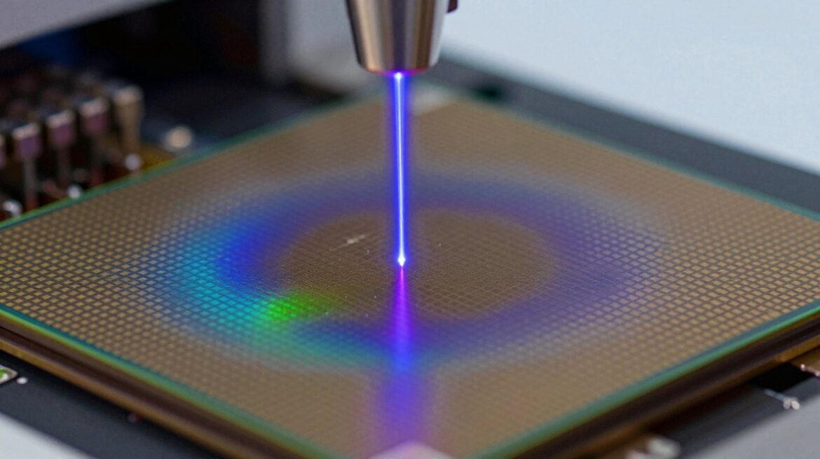 Un fino haz láser azul violeta incide sobre una superficie de silicio llena de chips diminutos que brilla con colores de arcoíris.