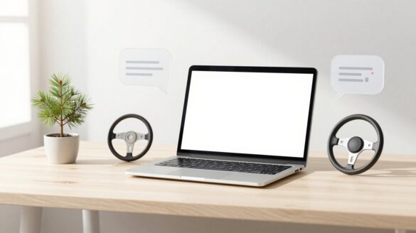 An open laptop, a floating chat bubble with charts, a small steering wheel and a pine sapling on a dark desk.