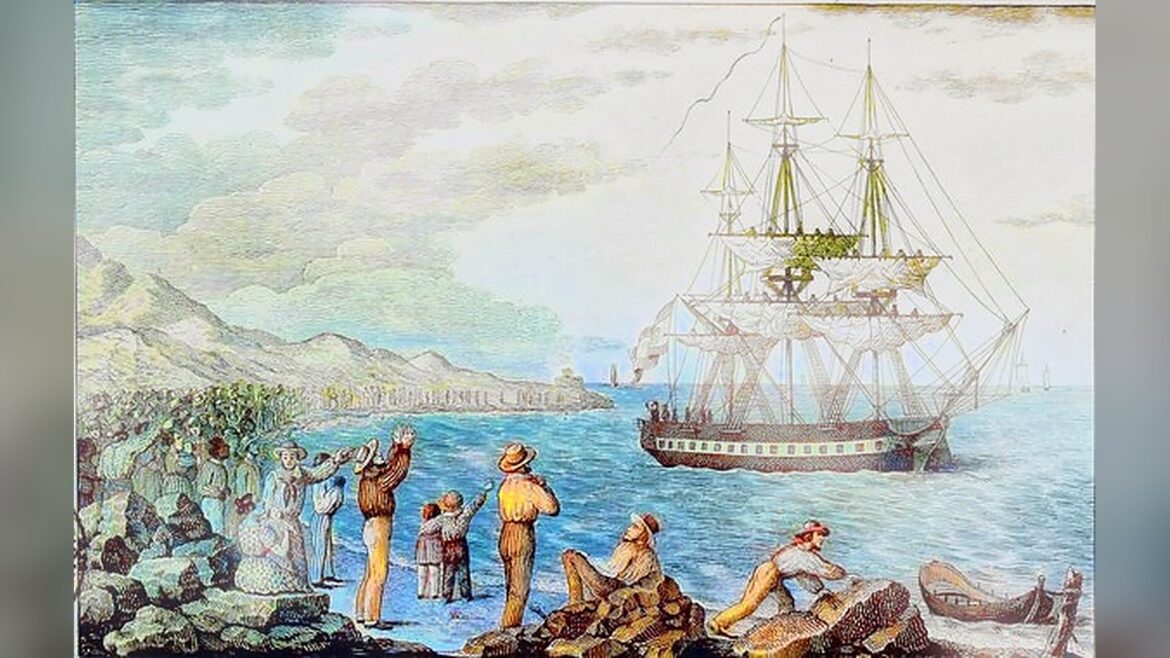 Colourised 19th-century engraving: a three-masted corvette under sail leaves a harbour while men, women and children wave from the rocky shore.