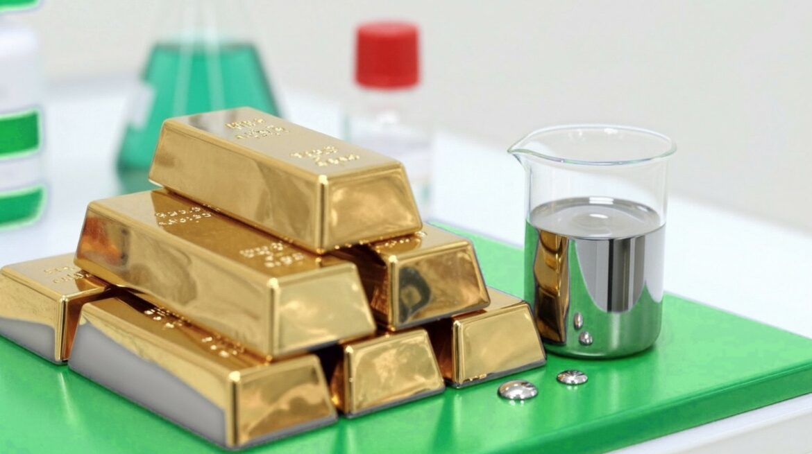 A pyramid of shiny gold bars stamped 999.9 on a fresh green lab bench, next to a glass beaker filled with mirror-silver liquid mercury that reflects the gold, and two small mercury drops; a green flask and a red cap stand behind.