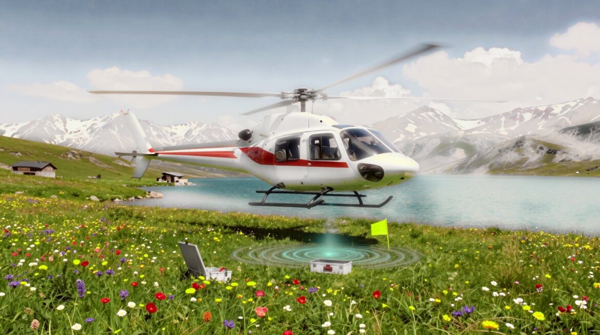 A white helicopter with a red stripe flies low over a green alpine meadow, where faint cyan rings of light rise from a small white case in the grass.