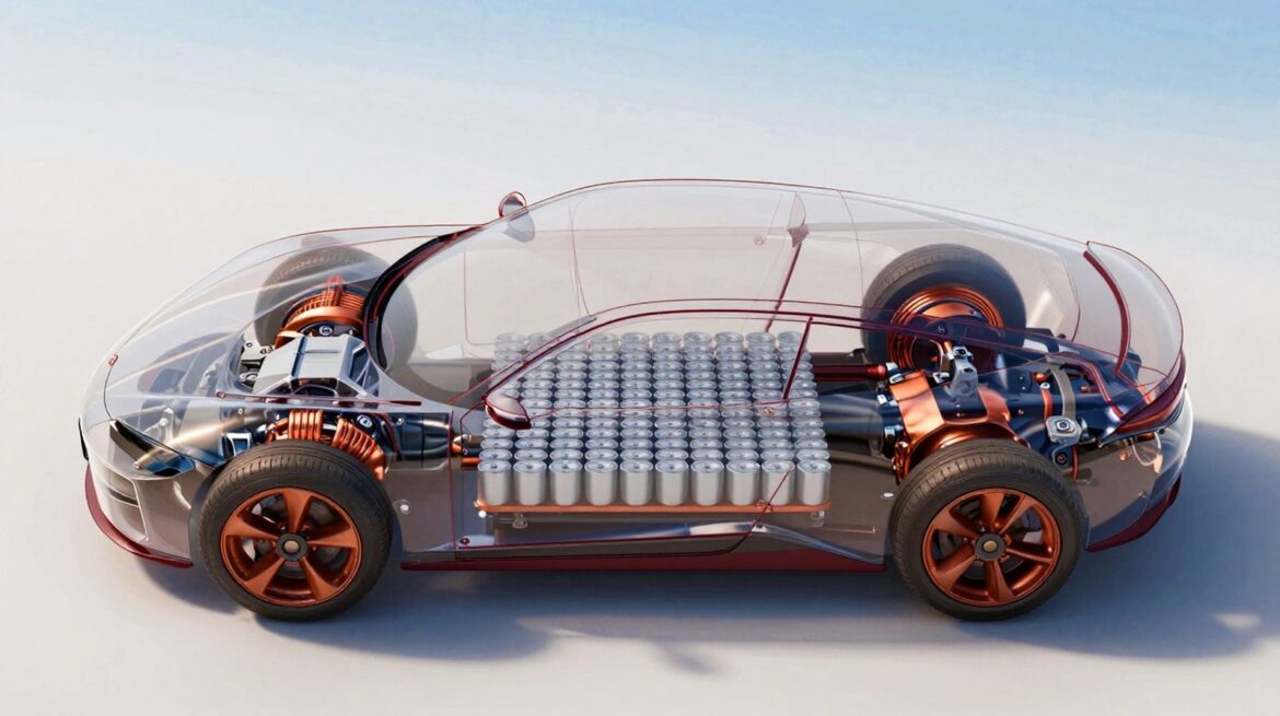 Illustration of a see-through four-door electric car with copper-coloured electric motors at the front and rear axles and a battery of silver cylindrical cells filling the floor.