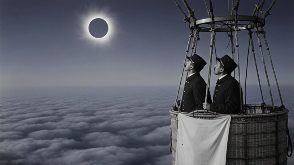 Two men in dark uniforms stand in a balloon basket above a sea of clouds, under a dark sky with the Sun completely covered by the Moon.