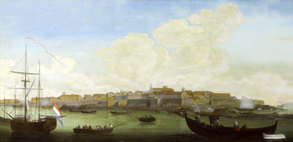 Pintura de A Coruña en 1792: la ciudad amurallada y su puerto bajo un cielo claro con nubes, con veleros y botes de remos en el agua en calma.
