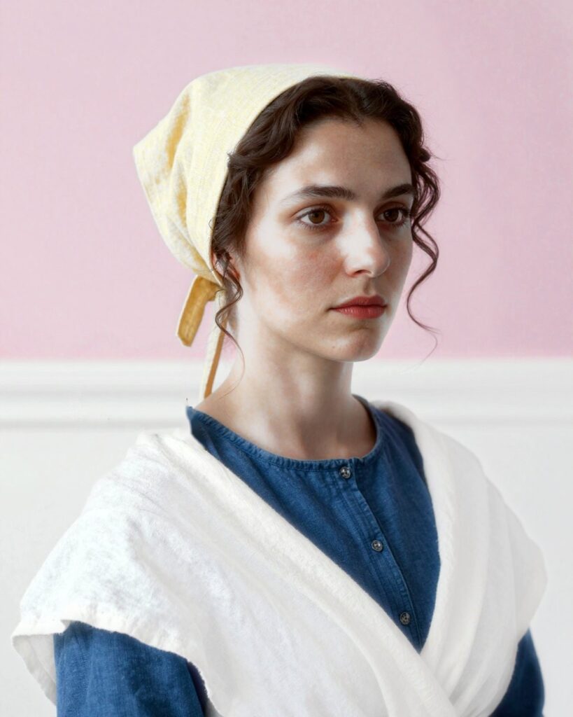 Artist's impression of Isabel Zendal: a young woman with dark wavy hair under a pale yellow headscarf, a deep blue bodice and a white linen shawl, in front of a soft pink wall.