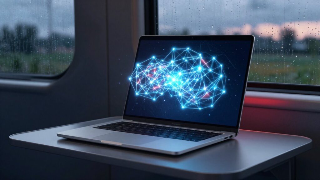 Un portátil sobre la mesa de un tren con una red neuronal luminosa sobre el teclado.