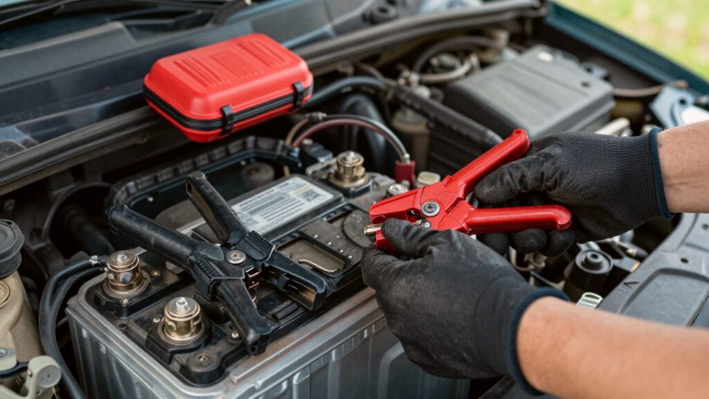 Unas manos con guantes sostienen la pinza roja de un arrancador sobre la batería de un coche, con la pinza negra al lado.